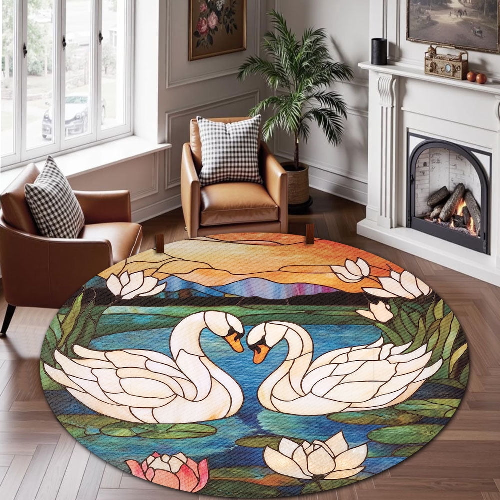 Round Area Rug, Swans Non-Slip Floor Mat, Soft Washable Carpet for Living Room Bedroom Decor 24 Inch