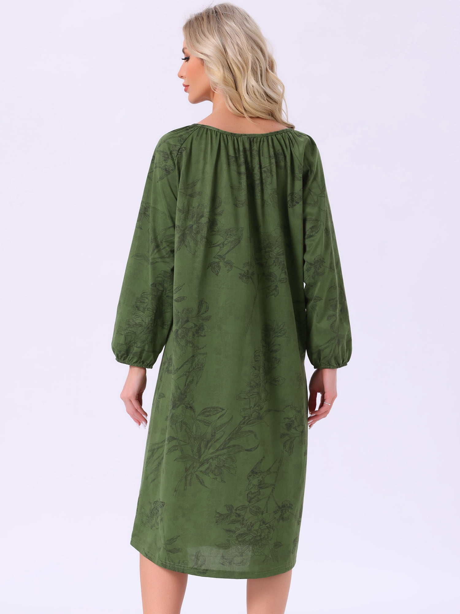 DARING DIVA Women's Long Sleeve Round Neck Tie Front Nightshirt with Pocket XL Green