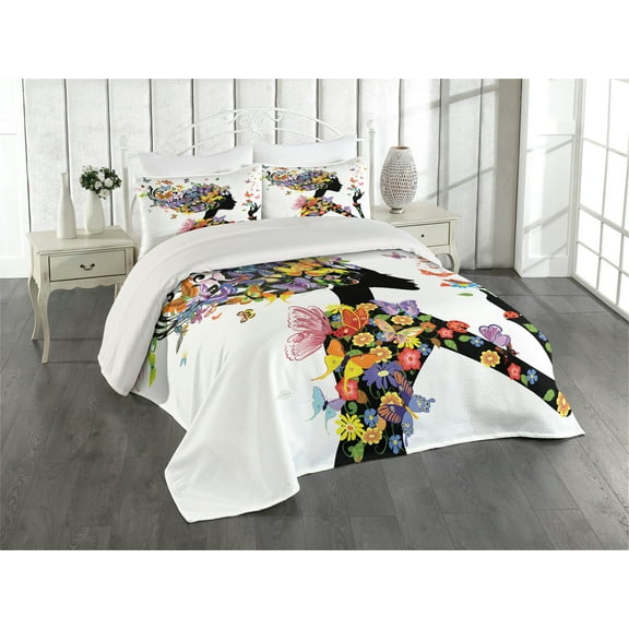 Ambesonne Colorful Quilted Coverlet 3 Pcs, Flowers with Butterfly, King Size, Multicolor