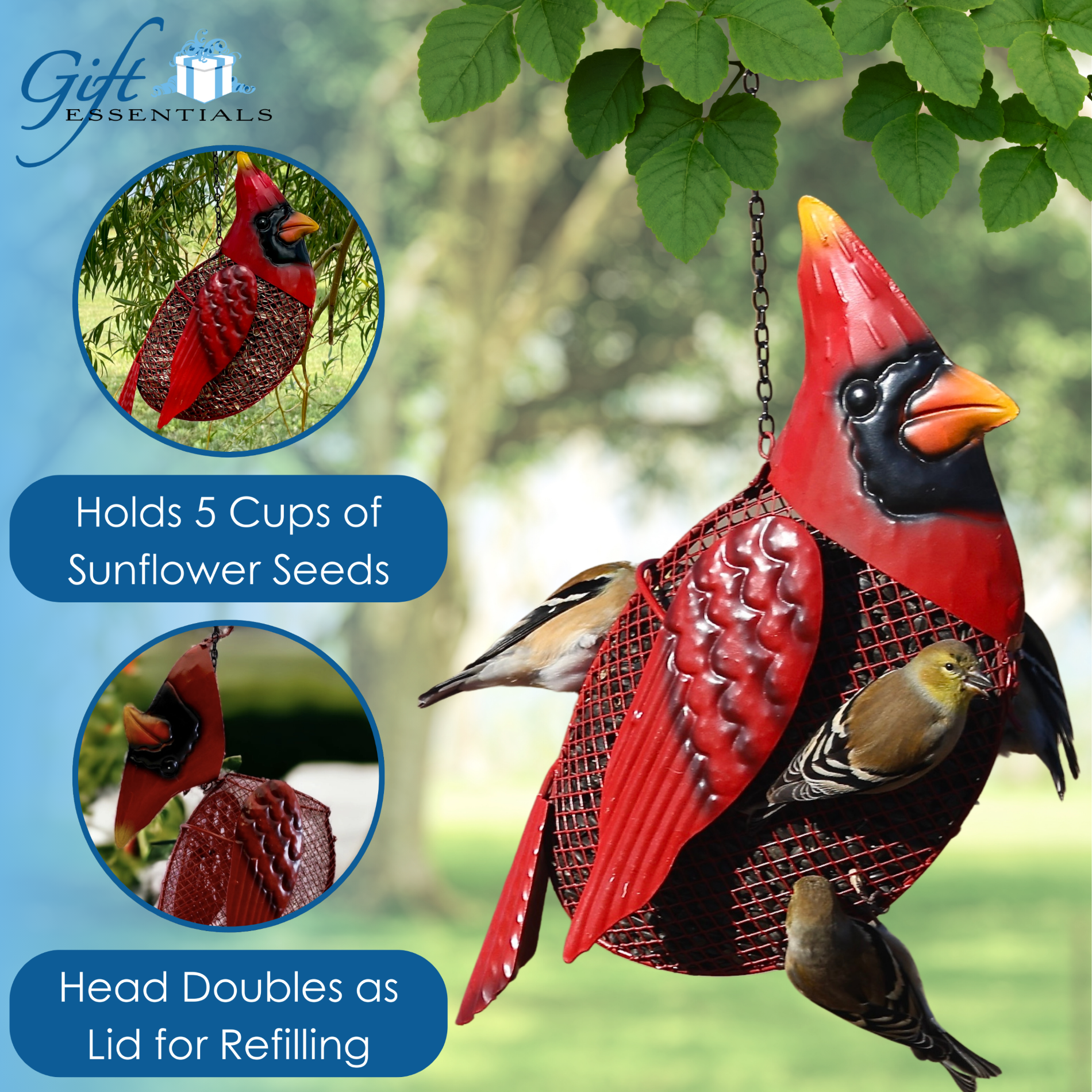 Gift Essentials Mesh Bird Feeder Cardinal Metal Sunflower Seed Feeder, Red