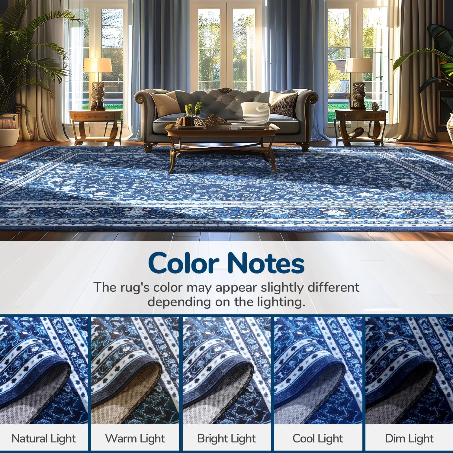 Reepow 9x12 Faux Wool Machine Washable Large Vintage Boho Floral Medallion Non-Slip Rubber Low Pile Area Rug for Living Room Bedroom Office,Blue White