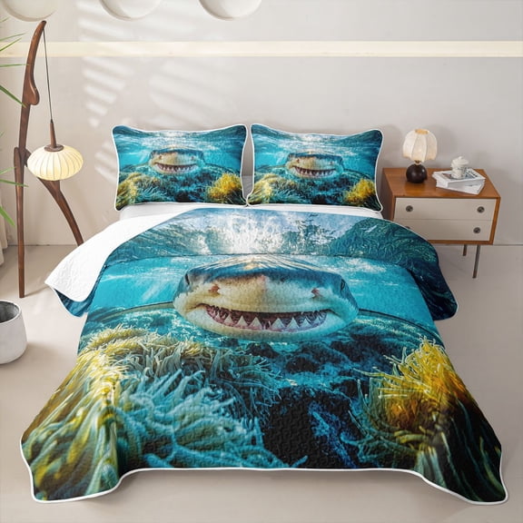 Erosebridal Marine Sharks Twin Quilt Set for Boys Girls, Ocean Wildlife Twin Coverlet Set, 2-Piece