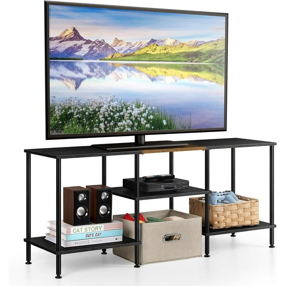 45 Inch Industrial TV Stand with Storage Shelves, Black Wood & Metal Console Table for 32-50 inch TVs, Small Entertainment Center for Living Room, Bedroom
