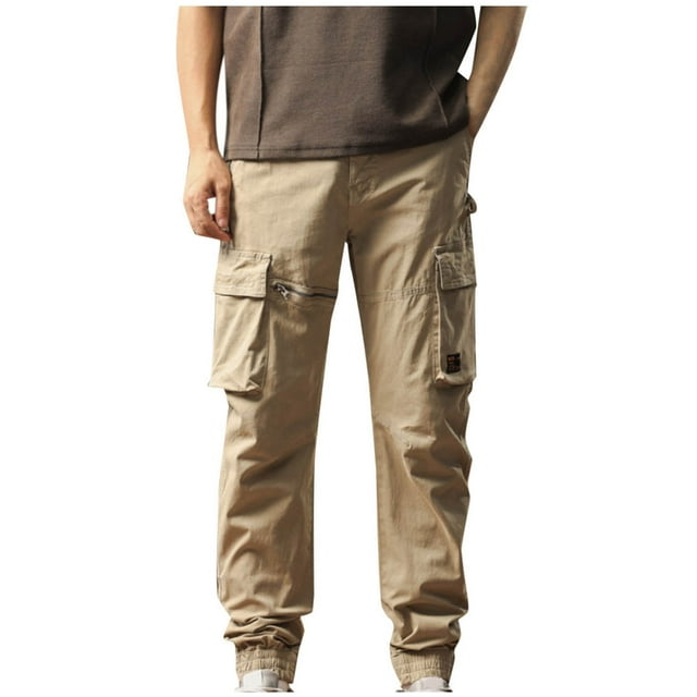 Lovzfmll Men's Streamlined Utility Trousers, Elastic Waist, Solid Color, Multiple Pockets for a Clean Casual Style Khaki, L