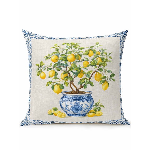 1 Pack Outdoor Throw Pillow, Summer Lemons Waterproof Pillow with Insert Included, Farmhouse Fruit Blue Geometric Beige Linen Decorative Accent Cushion Sofa Pillows for Patio Porch, 18 x 18 In