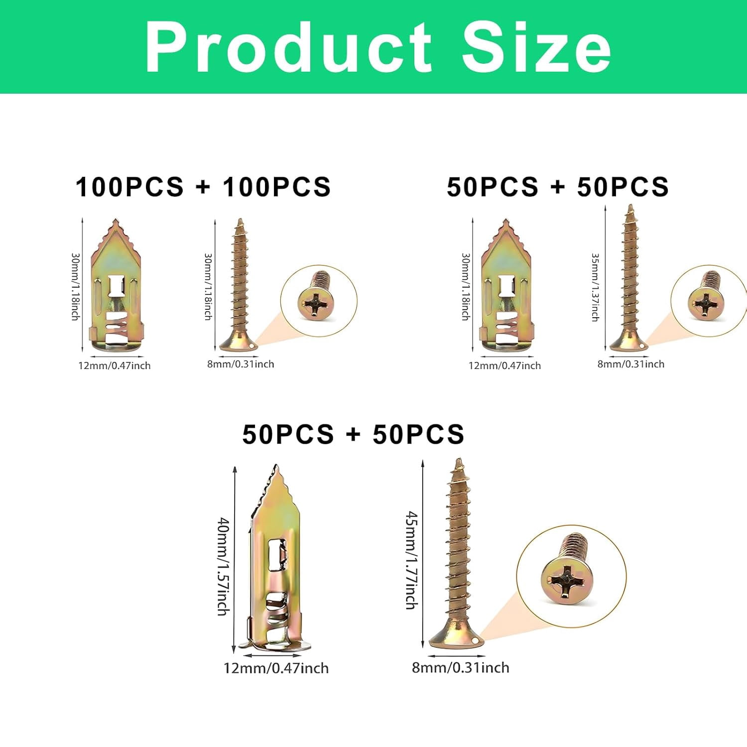 Self-Drilling Drywall Anchors-400PCS,Zinc Drywall Anchors, Expansion Screws for Drywall,3 Sizes Heavy Duty Screw Anchors Kit,No Drill and Holes in Wall