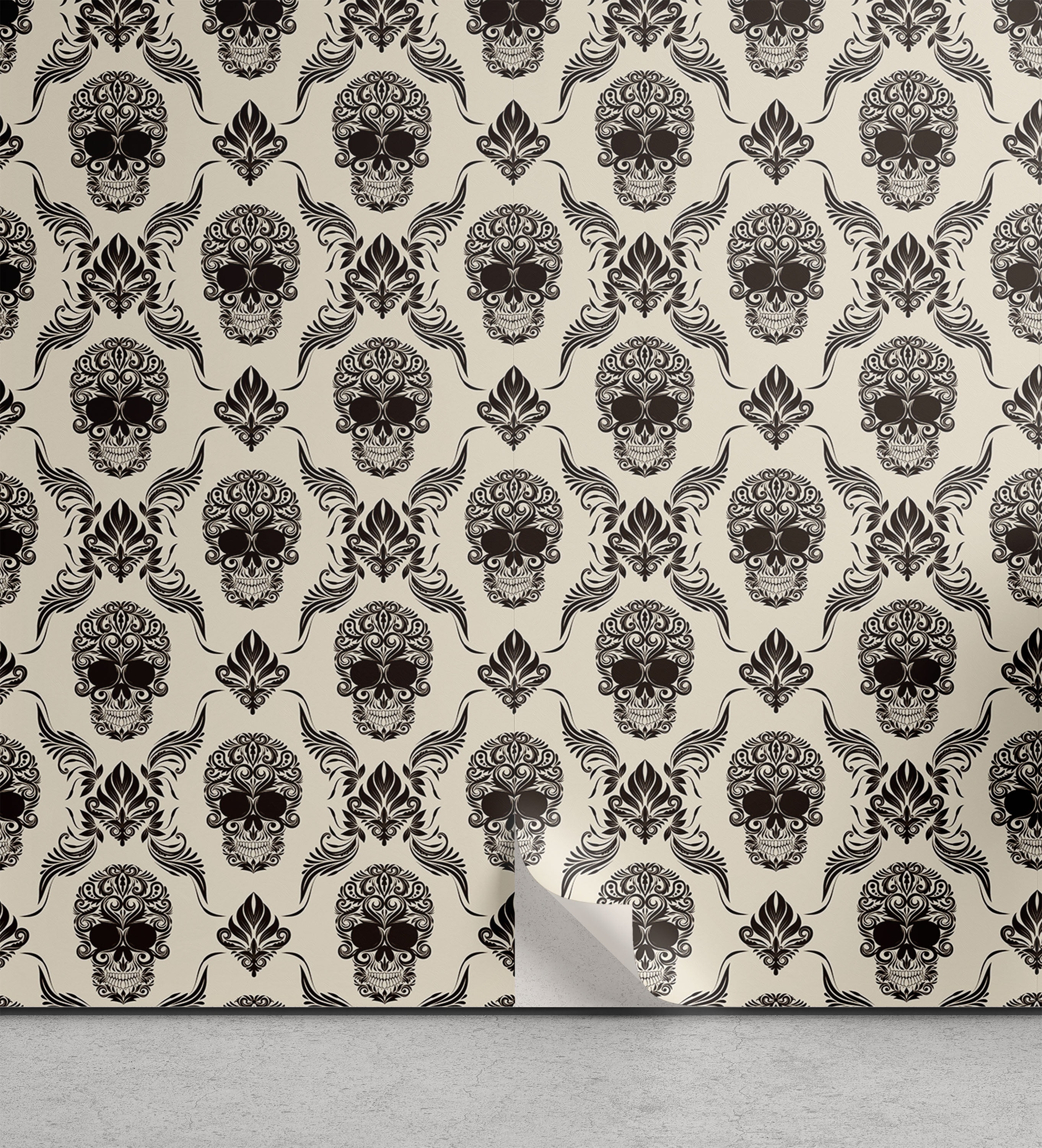 Damask Peel & Stick Wallpaper, Halloween Skulls in Victorian Classical