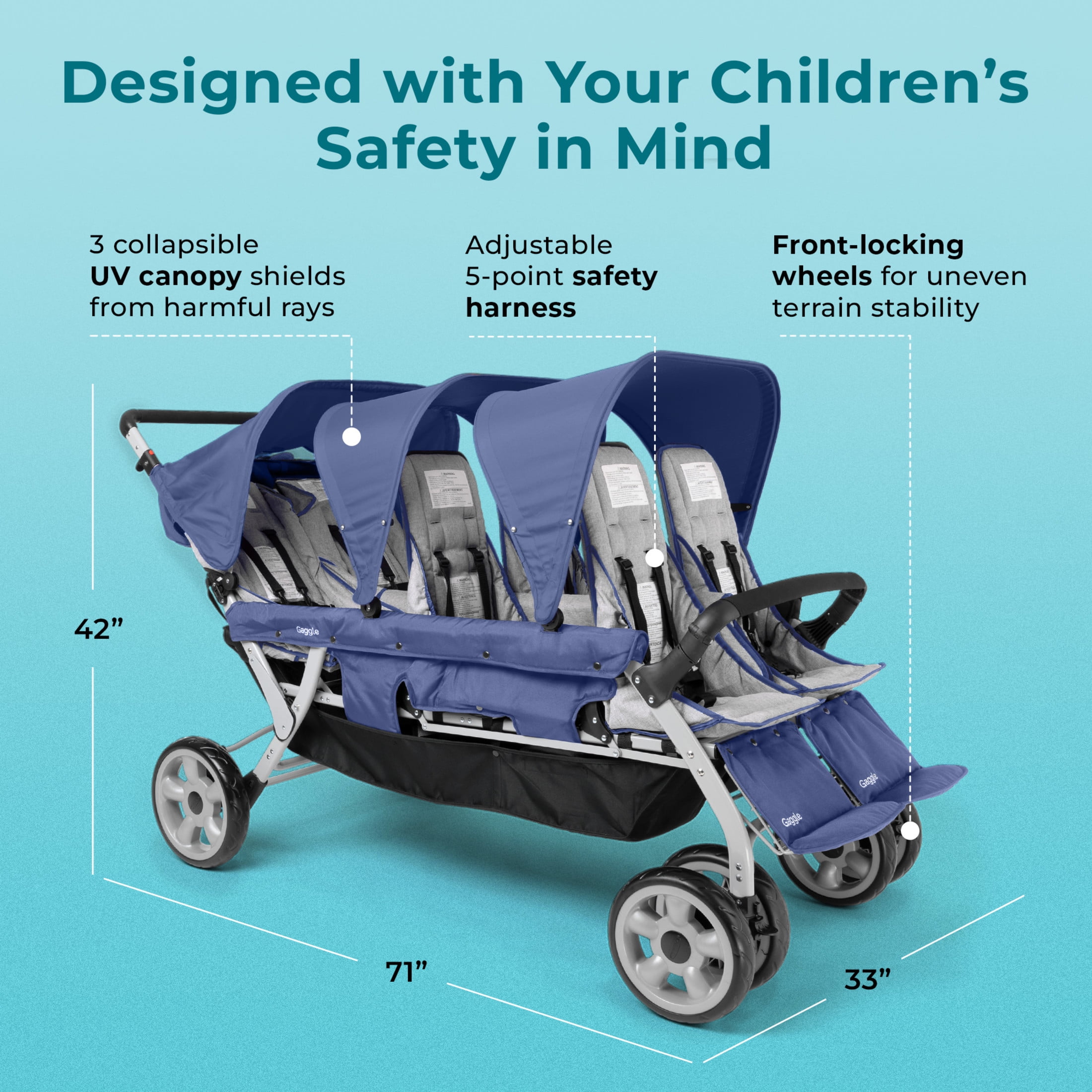 Foundations Gaggle Jamboree 6-Seat Folding Daycare Stroller with Canopies, Reclining Seats, Navy/Gray