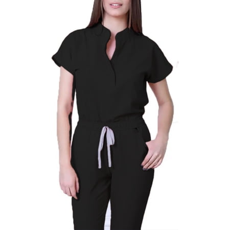 Women Jogger Scrub Sets 2 Pieces Spring Summer V-Neck Scrub Top and Drawstring Jogger Pants Stretch Nursing Workwear Quick Dry Working Uniforms with Pockets Black M