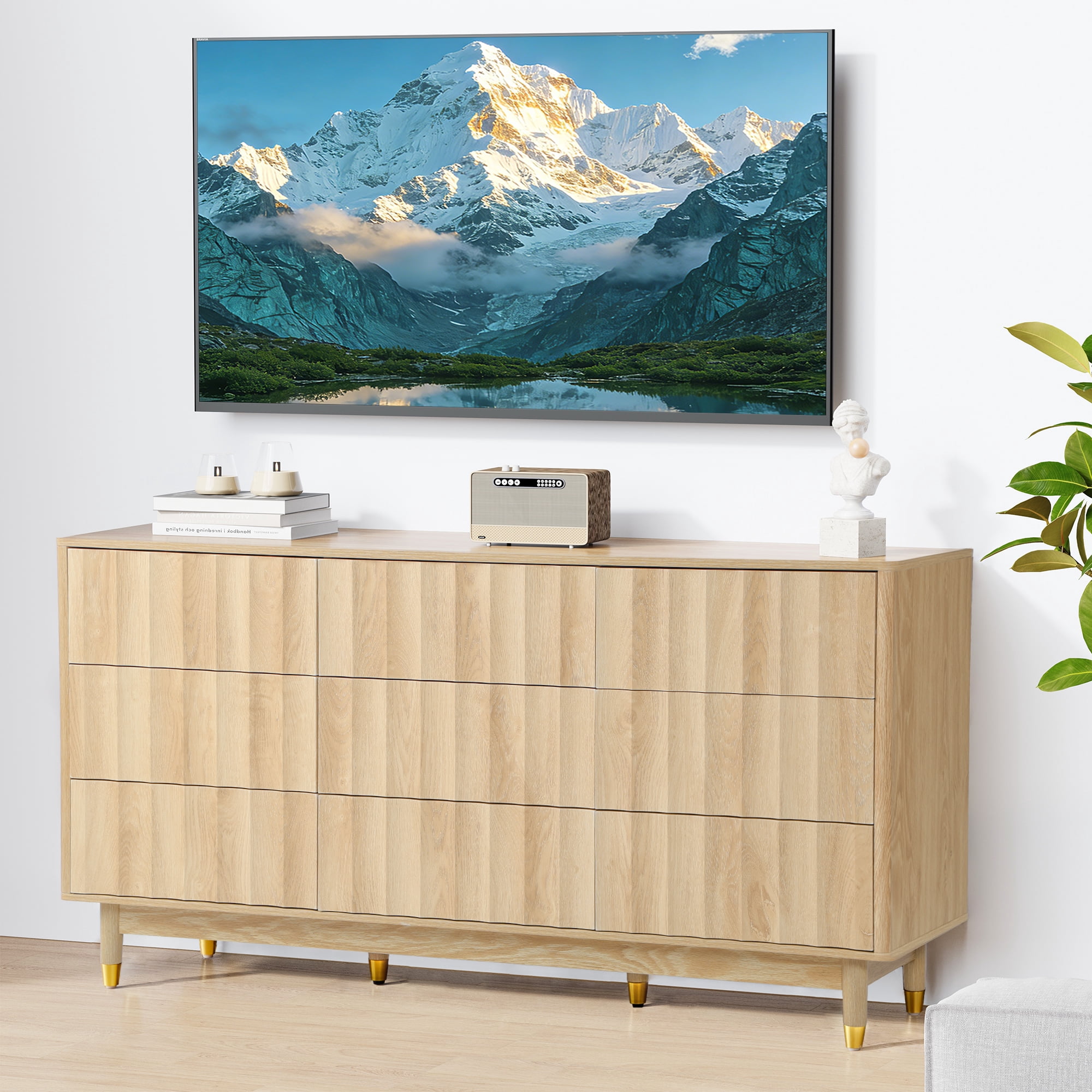 LEFHDA Fluted 9-Drawer Dresser for Bedroom with Deep Drawers, 60" Wide Mid Century Modern Chest of Drawers, Wooden Dresser TV Stand for Living Room, Hallway, Closet (Oak)