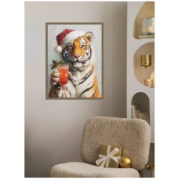 Kate and Laurel Framed Canvas Wall Art Print 'Tiger Festive Cocktail Santa Hat' by The Creative Bunch Studio, 18 x 24 Sylvie Dark Gold Frame, Whimsical, Animal Art for Wall Decor