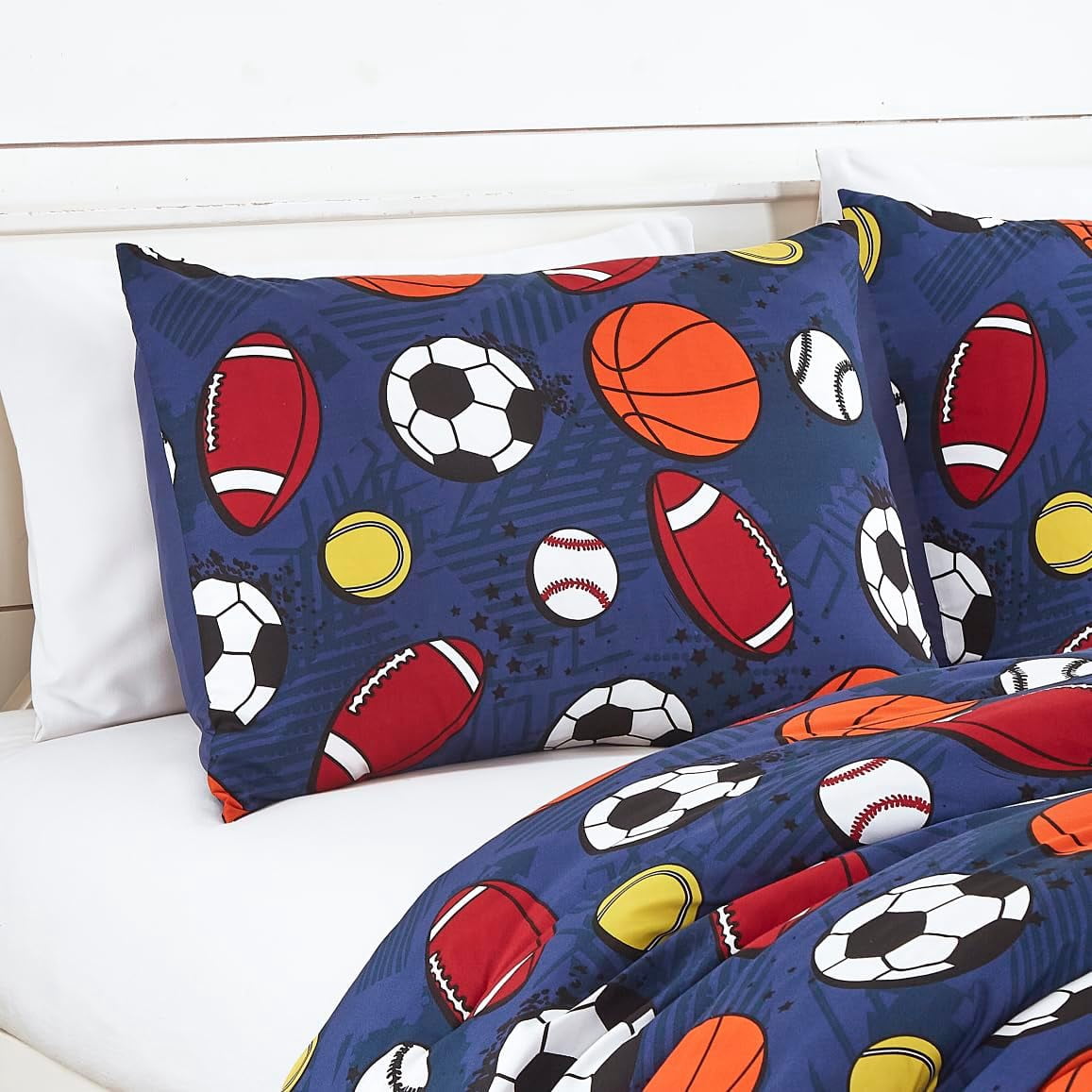 Chezmoi Collection 3-Piece Kids Sports Balls Bedding Comforter Set Twin Size - Soft Microfiber Navy Blue Gray Orange White Printed Football Soccer Basketball Baseball Tennis Sports
