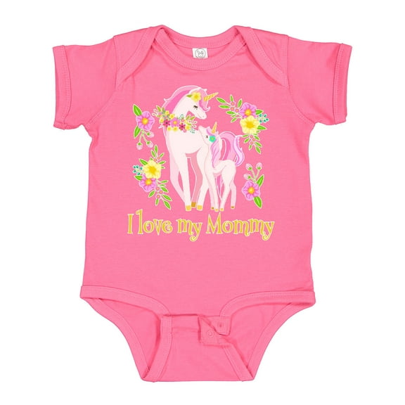 Inktastic I Love My Mommy Unicorn with Pink and Yellow Flowers Boys or Girls Baby Bodysuit