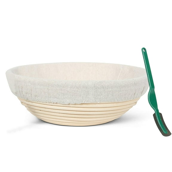 Round Banneton Bread Proofing Basket – Professional Bread Proofing Basket for Baking Beautiful Round Bread, Dough Scraper, Linen Liner Cloth, Home Bakers, Home and Professional (9-inches)