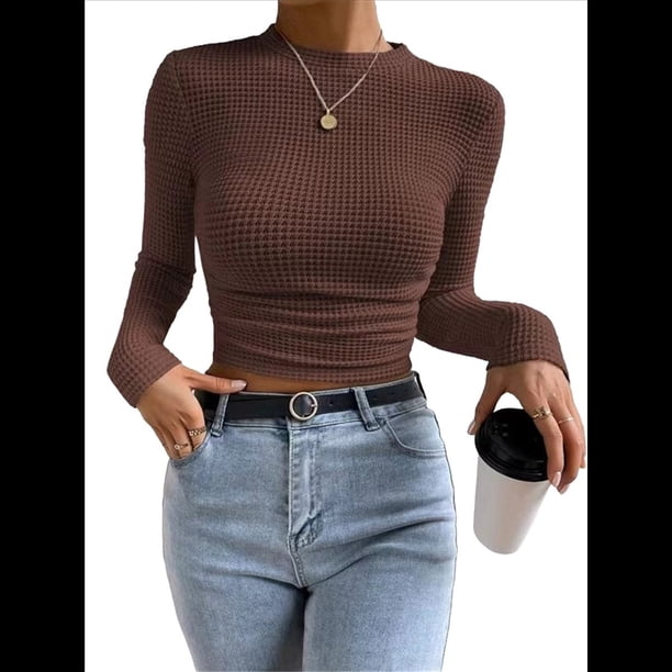 Tops de Punto Gofre para Mujer, Camisas de Larga, Camisetas Informales Ajustadas con Cuello Redondo, Jerséis Color Café S