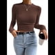 thumbnail image 1 of Tops de Punto Gofre para Mujer, Camisas de Larga, Camisetas Informales Ajustadas con Cuello Redondo, Jerséis Color Café S, 1 of 8