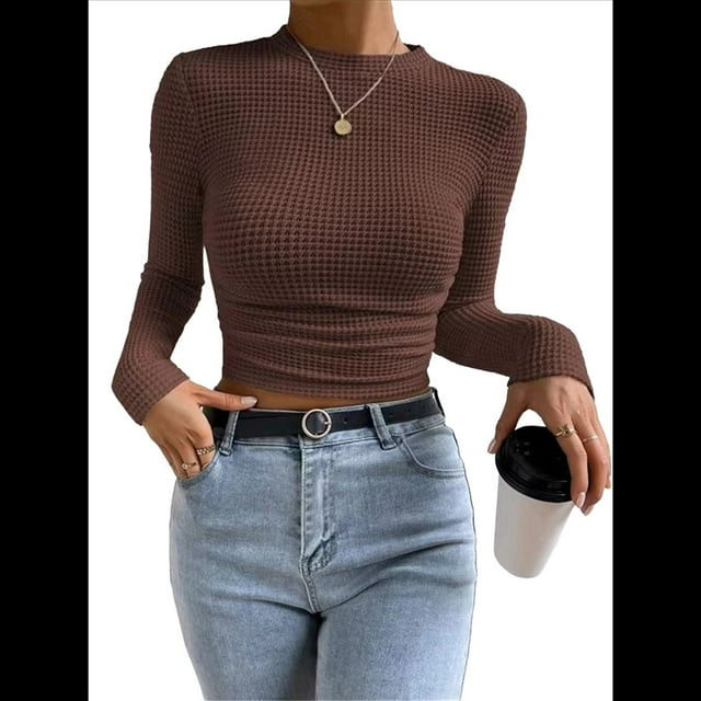Tops de Punto Gofre para Mujer, Camisas de Larga, Camisetas Informales Ajustadas con Cuello Redondo, Jerséis Color Café L