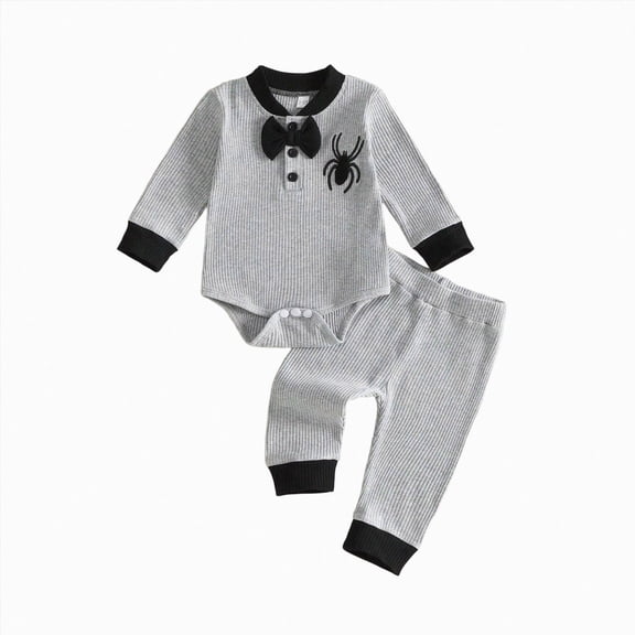 YDFCWXW Newborn Baby Boy Halloween Outfit Romper Long Pants Set 0-24M, My First Halloween Long Sleeve Spider Embroidery Romper with Bowtie Pants, Ideal for Halloween Party (Grey, 12-18 Months)