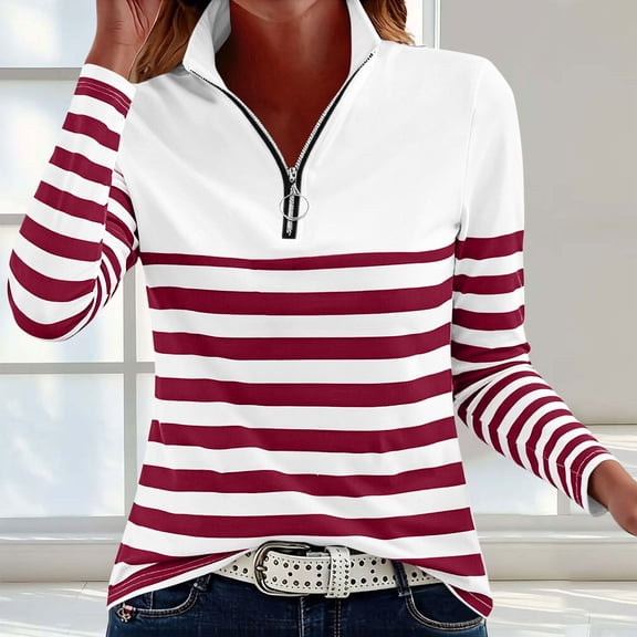QUNYINEY Women Tops Casual Long Sleeve Spring Striped Shirt Quarter Zip Mock Neck Pullover Loose Fit Shirts for Women Trendy
