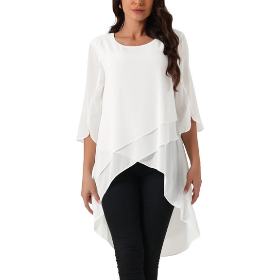 Women's High Low Tops Scoop Neck Chiffon Blouse Asymmetrical Loose Shirt 3/4 Sleeve Casual Summer Tops S White