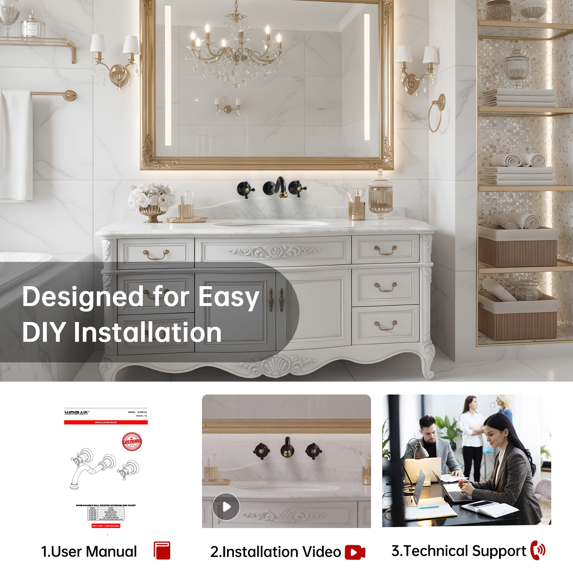 SUMERAIN Classic 3 Holes Wall Mount Bathroom Sink Faucet - Cross Handles Lavatory Basin Sink Faucet with Included Rough-in Valve-Black and Gold