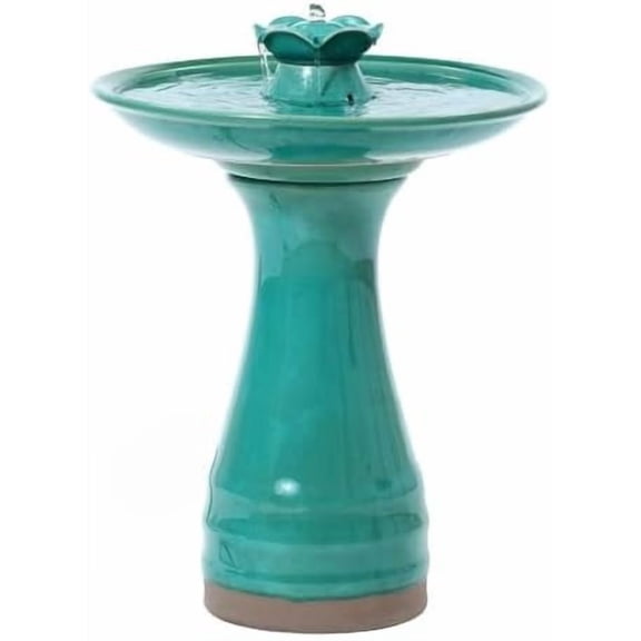 LuxenHome 22 Inch Ceramic Bird Bath Fountain, Elegant Glazed Outdoor Water Feature with Lotus Design, Freestanding Waterfall Birdbath Garden Water Fountain for Backyard, Patio$$Garden & Patio