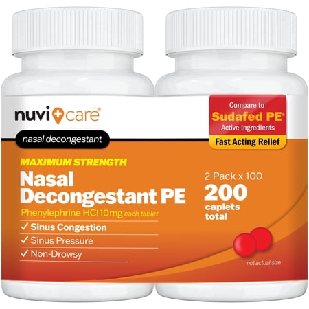 NUVICARE Max Strength PE Phenylephrine HCl 10mg Non Drowsy Nasal Decongestant - Allergy Sinus Congestion Relief Compare to Sudafad PE Decongestant Tablets - Sinus Decongestants for Adults (2 Pack)