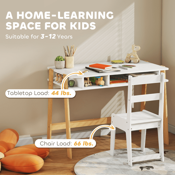 Kids Desk and Chair Set, MDF & Pine Wood, 4 Storage Compartments, Ergonomic Posture Support, 3-12 Years
