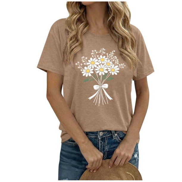 Camiseta de Manga Corta de Verano para Mujeres con Estampado Floral de Moda con Cuello Redondo Y Mangas Cortas, Camisetas de Manga Corta de Mujer