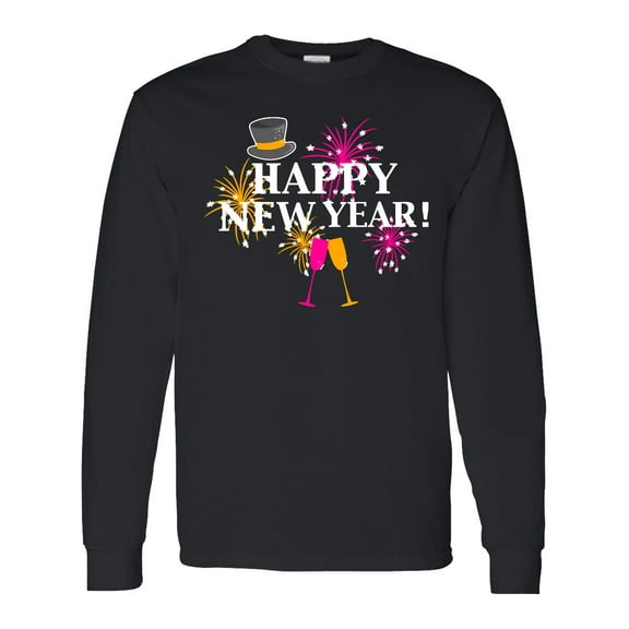 Inktastic Happy New Year with Hat Fireworks and Wine Glasses Long Sleeve T-Shirt