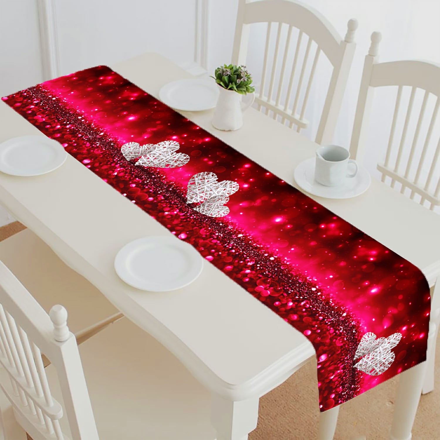 ABPHQTO Two Wicker Hearts Red Sparkle Glitter Table Runner Placemat