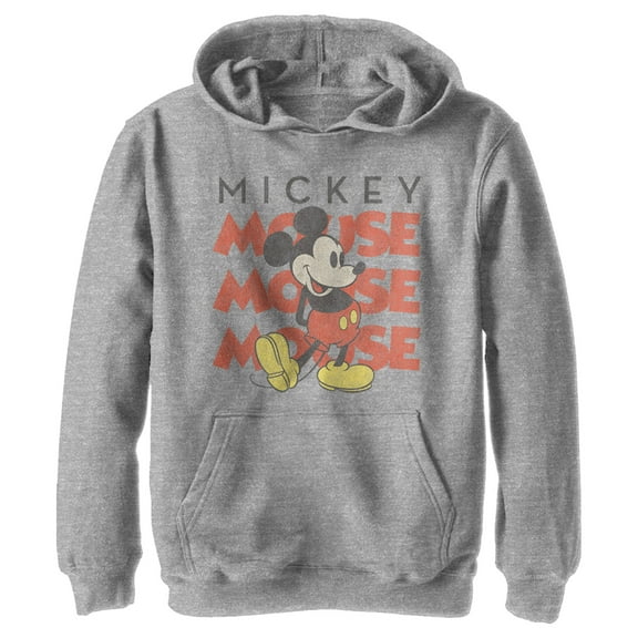 Boy's Mickey & Friends Mickey Mouse Name Stack Distressed  Pull Over Hoodie Athletic Heather Large