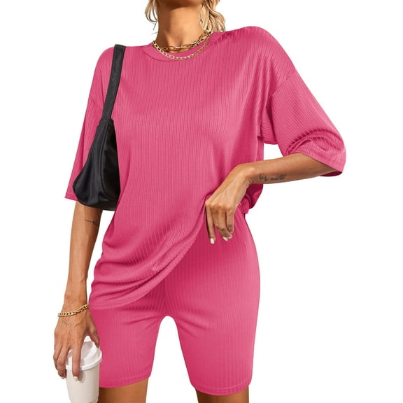 Avidlove Women Pajamas Set Ribbed Knit Lounge Sets T-shirt with Biker Shorts Matching Outfits Loungewear Sweatsuits