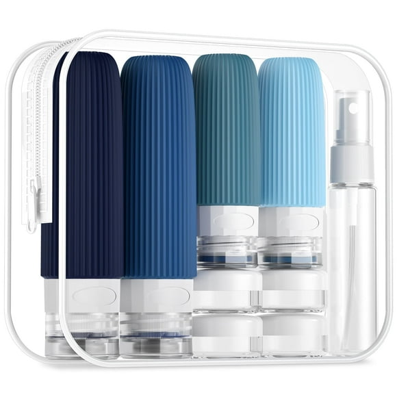 Mrsdry Ensemble de 16 Bouteilles de Voyage, Contenants Compressibles en Silicone Étanches Approuvés par la TSA pour Articles de Toilette, Accessoires de Voyage Rechargeables pour Revitalisant, Shampoing, Lotion et Gel pour le Corps