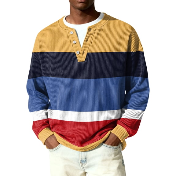 Nokdvo Long Sleeve Waffle Shirts for Men Sherpa Striped Quarter Button Up Henley Casual Pullover Tops Fall Winter Quilted Knit Solid Color Loose Sweaters,Yellow 3XL