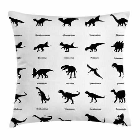 Dinosaur Throw Pillow Cushion Cover, Collection of Different Dinosaurs Silhouettes with Their