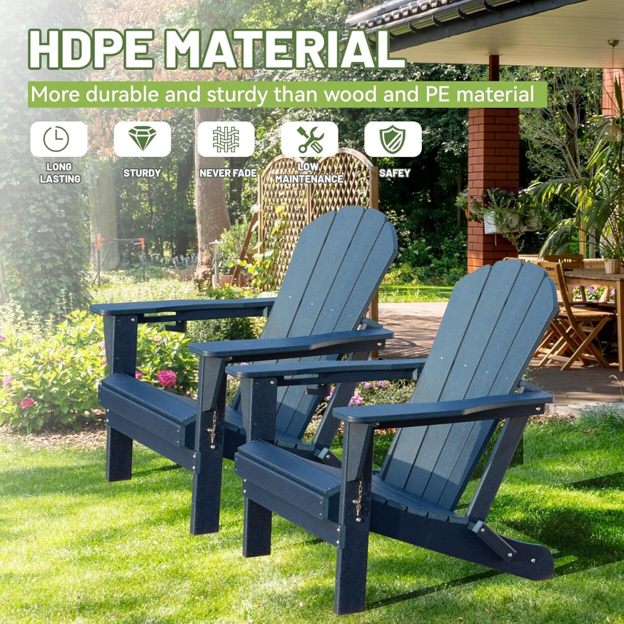 Folding Adirondack Chairs Set of 2, All-Weather HDPE Lawn Chairs with Cup Holder, Comfortable Outdoor Patio Chairs for Deck, Porch, Backyard, Garden, Dark Blue