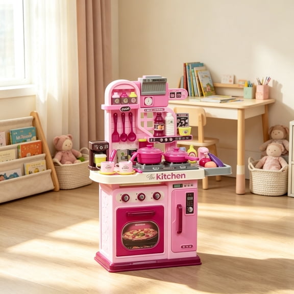 Kids Play Kitchen with Lights & Sounds, 33 Accessories, Storage for Toddler 3-6 Years Old