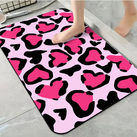 1pc Pink and Black Heart print Bathroom Rug Bathroom Decor and Accessories- Durable,Anti Slip,And Quick Drying,Suitable For Indoor/outdoor Use - Perfect For Bathrooms,Bedrooms,Kitchens