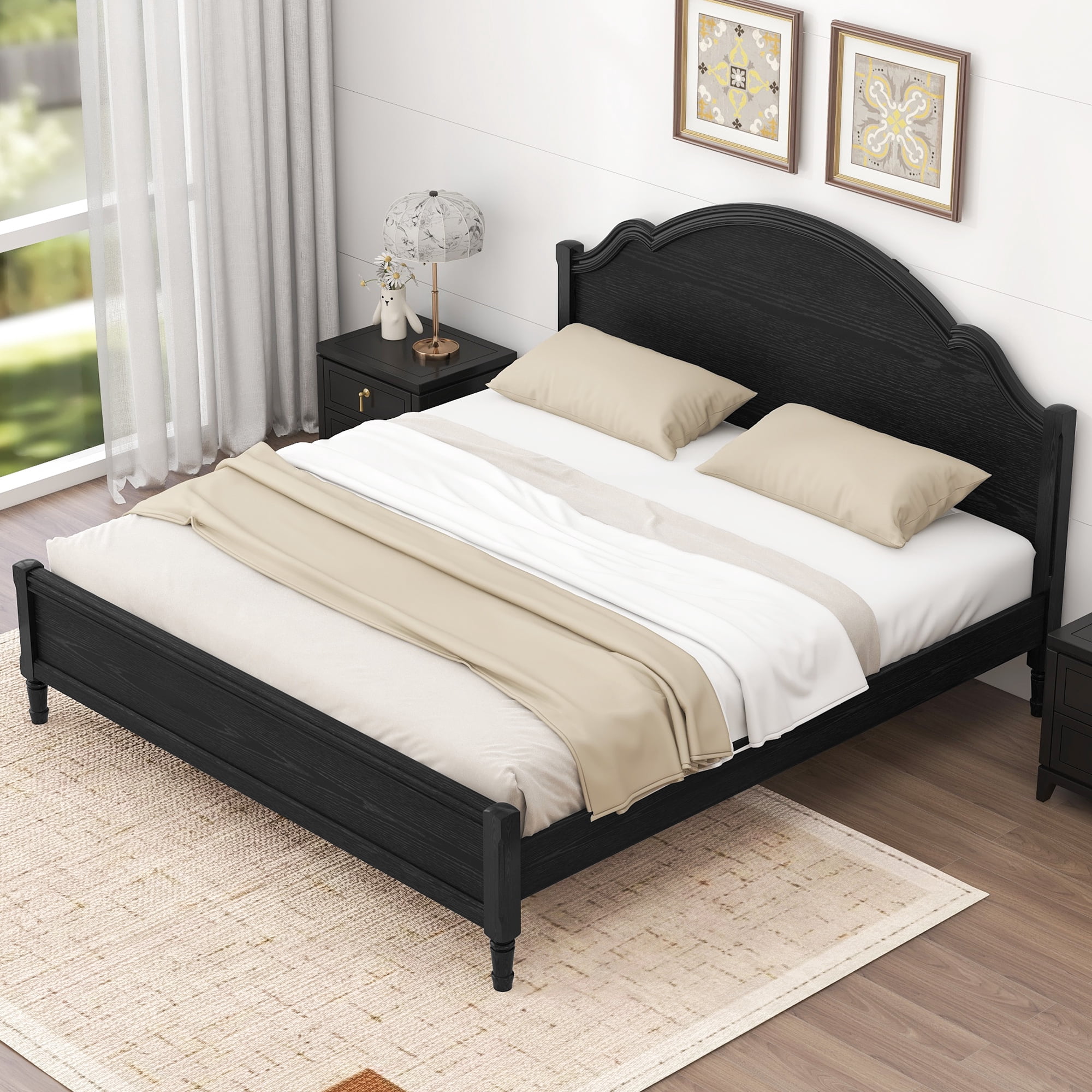 Euroco Wood King Size Platform Bed with Headboard, No Spring Box Needed, Black