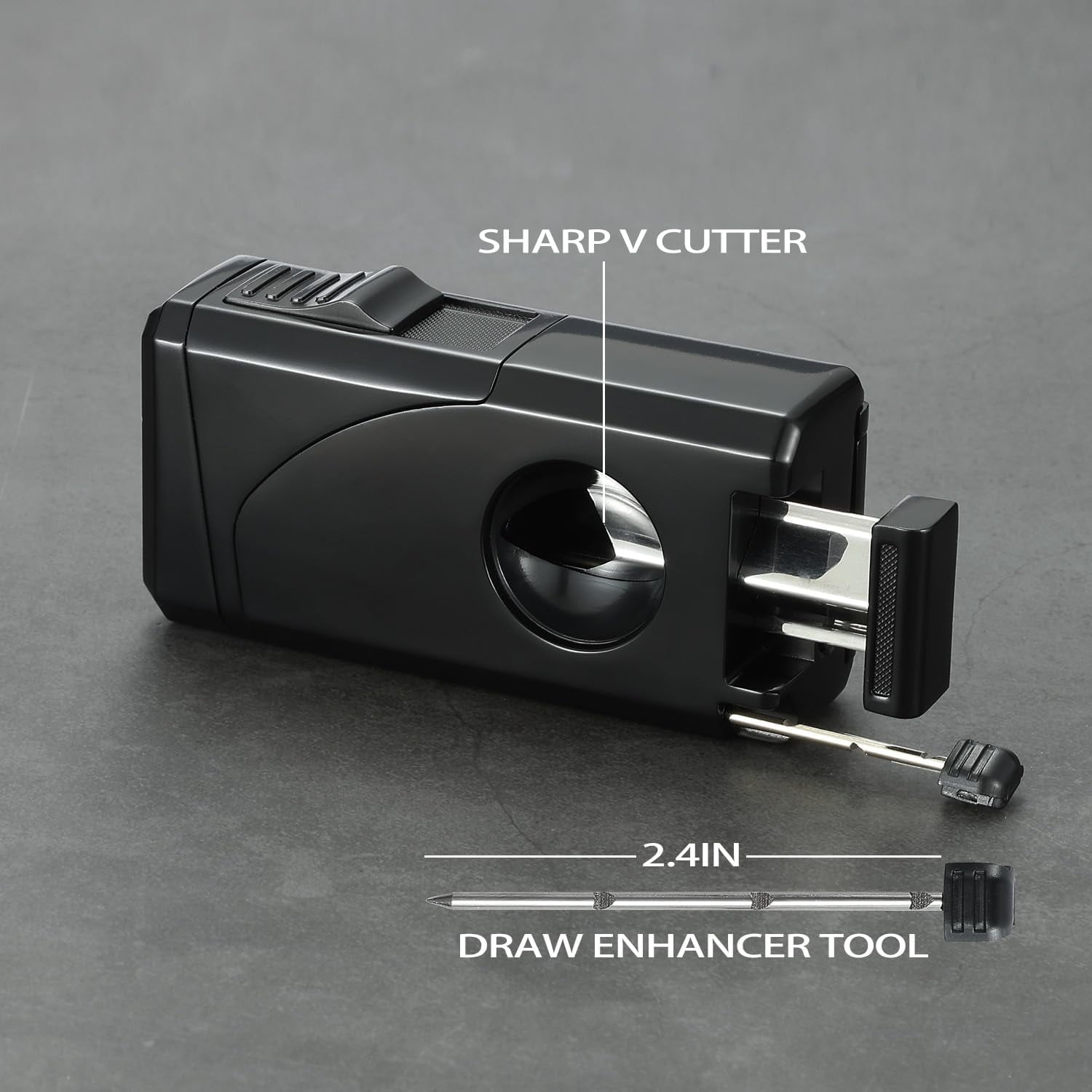 All in One Triple Jet Flame Butane Torch Lighter Built-in Cutter, Cutter V Cut, Punch, Holder Function, Draw Enhancer Tool, Refillable and Adjustable Windproof Lighter. Grey(Sold Without Gas)