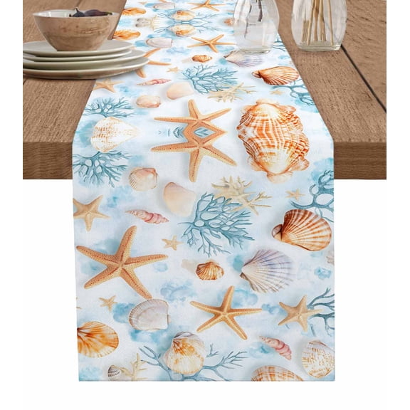 Orange Blue Coastal Table Runner 36 Inches, Nautical Summer Starfish Coral Beach Bed Runner Dresser Scarves Tabletop for Indoor Outdoor Parties/Ceremony/Banquet, 13"x 36"
