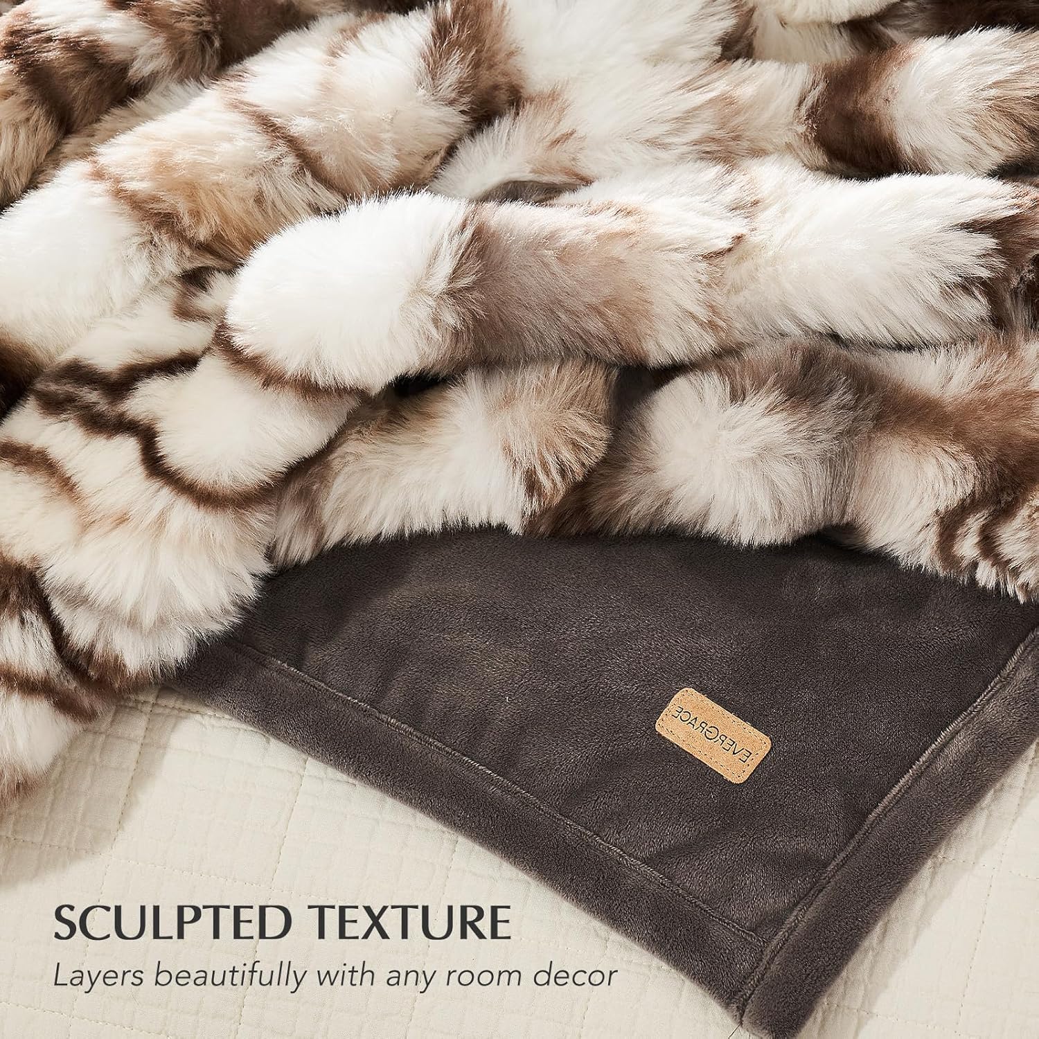 EVERGRACE Ultra Soft Luxury Fluffy Faux Rabbit Fur Throw Blanket, Thick Warm Bubble Throw for Bed, Cozy Plush Reversible Blankets for Couch, Chair, Sofa, Beige & Gray, 60x80 Inches, 870 GSM