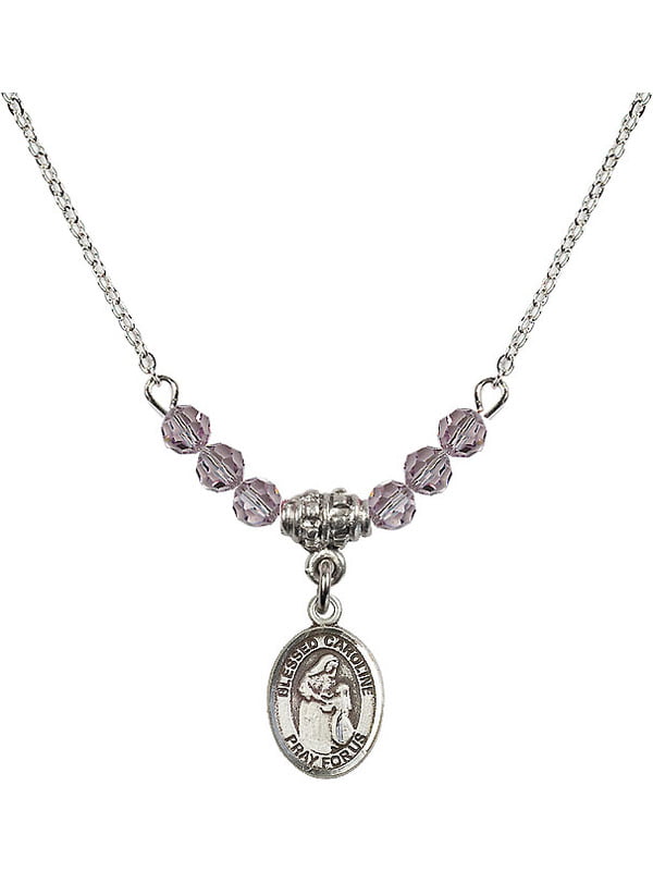 18-Inch Rhodium Plated Necklace with 4mm Faux-Pearl Beads and Sterling Silver Blessed Caroline Gerhardinger Charm. 