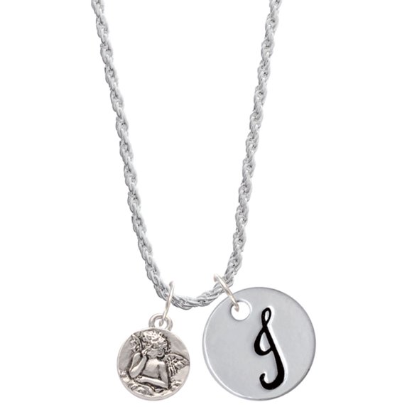 Delight Jewelry Silvertone Small Raphael Angel on Disc Silvertone Script Initial Disc - J - Charm Necklace, 20"+3"