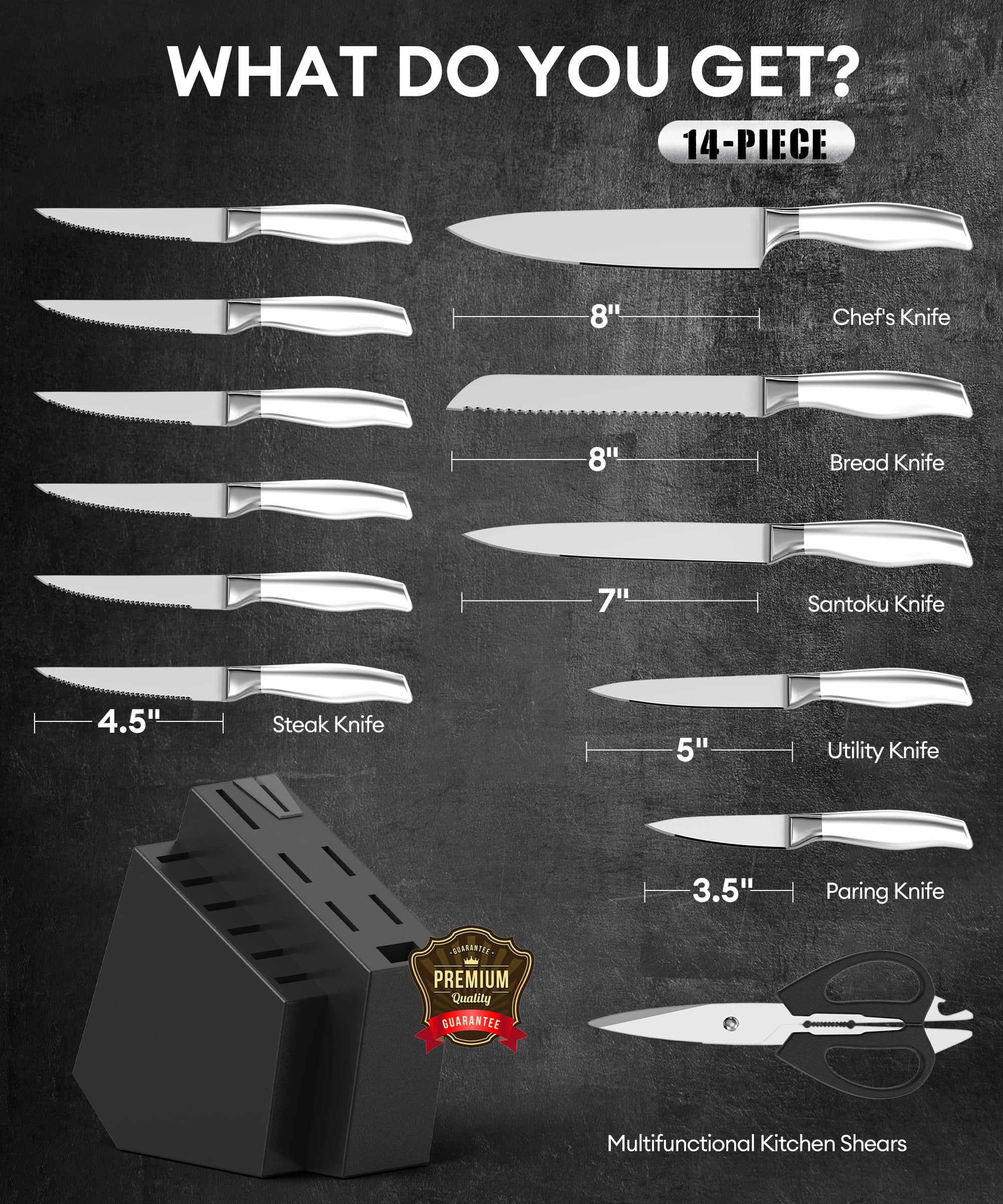 Younghome 14 Pcs Sharp Knife Set with Block Built-in Sharpener,Ergonomic Handle, Home Chef Knives
