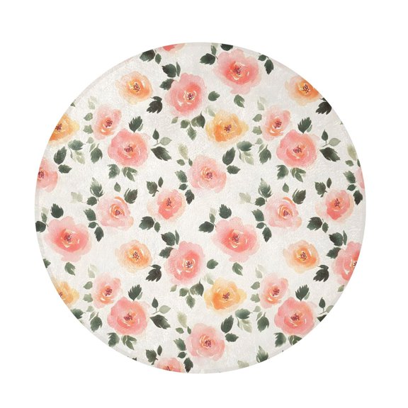 BZSMCE Pink Roses White Pattern Round Fluffy Area Rug 32.2in Non-Slip Circular Shaggy Rug