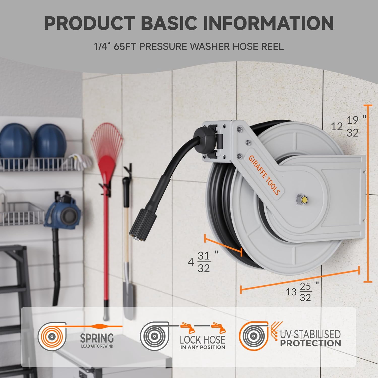 Giraffe Tools Retractable Power Pressure Washer Hose Reel 1/4" x 65 ft, 3200PSI, Wall/Floor Mounted
