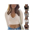 thumbnail image 3 of WIFORNT Women Short Top Shirt, Long Sleeve Patchwork Ribbed Front Button V-Neck Cropped Tops, Ladies Spring/Summer Slim Navel Shirt, 3 of 7