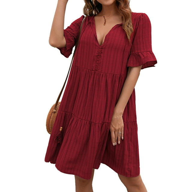 ITFABS Women Short Sleeve Loose Dress with A-line Version, Simple Style Solid Color V-neck Summer Clothing